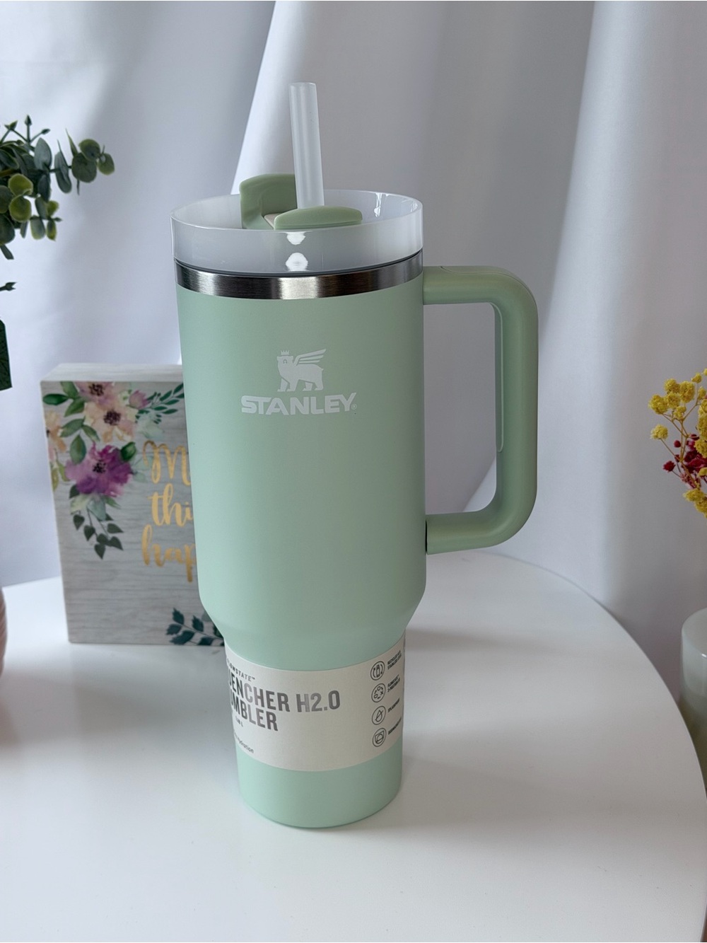 Stanley Sage Green Insulated Travel Mug with Handle and Straw